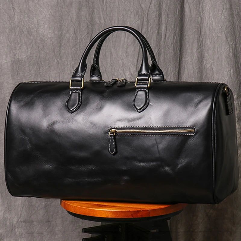 Reistas Voor Heren Weekendhandtas Dames Vintage Plunjezak Met Grote Capaciteit Leren Laptoptas - Zwart