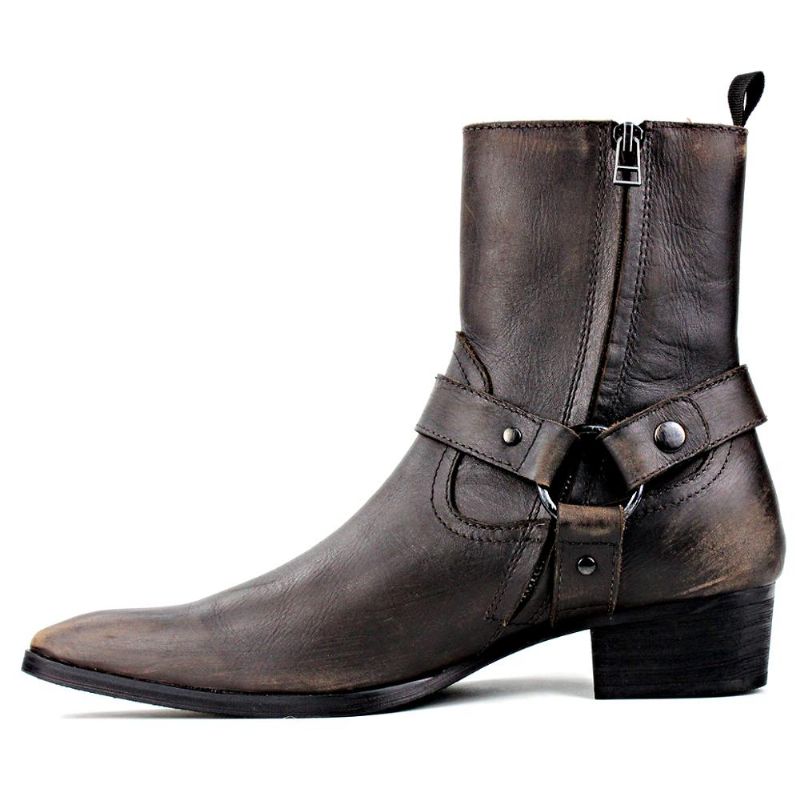 Herenlaarzen Echt Lederen Schoenen Enkel Rits-up Motorlaarzen Chelsea Boots Klassieke Kalfsleerschoenen Hoge Haklaarzen - Bruin