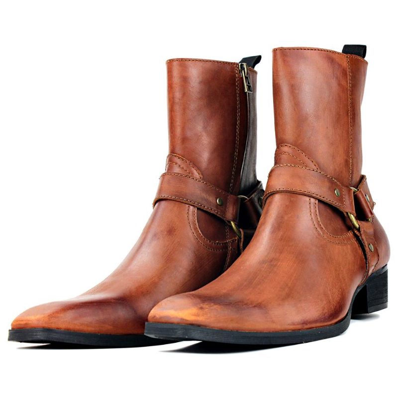 Herenlaarzen Echt Lederen Schoenen Enkel Rits-up Motorlaarzen Chelsea Boots Klassieke Kalfsleerschoenen Hoge Haklaarzen - Bruin