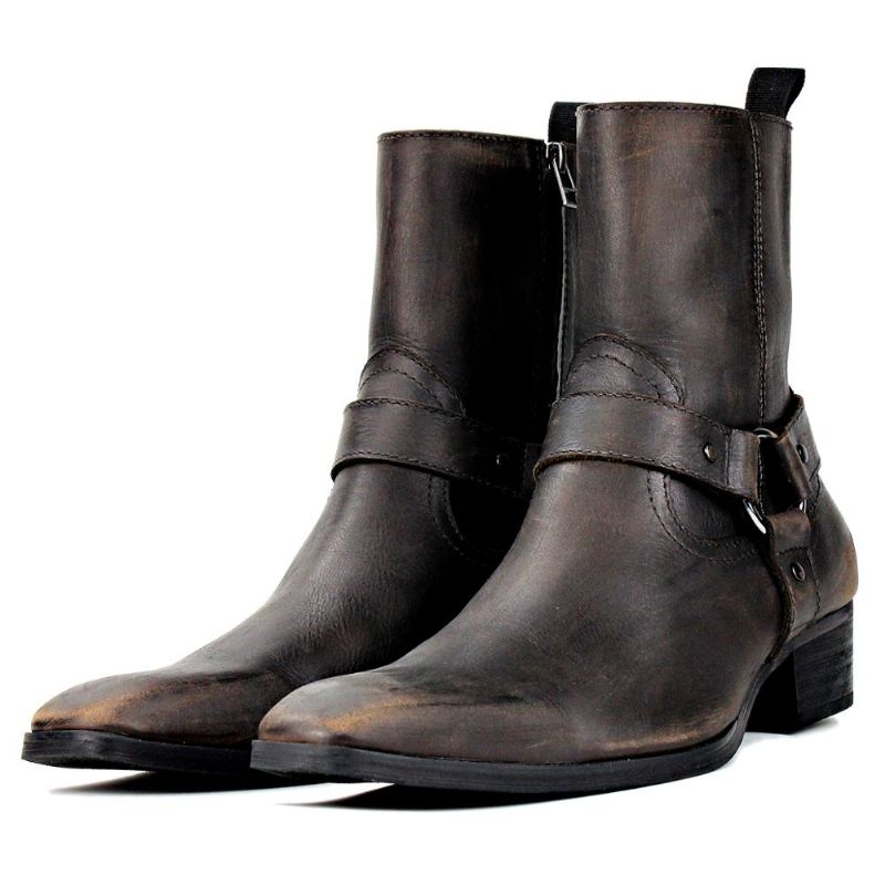 Herenlaarzen Echt Lederen Schoenen Enkel Rits-up Motorlaarzen Chelsea Boots Klassieke Kalfsleerschoenen Hoge Haklaarzen - Bruin