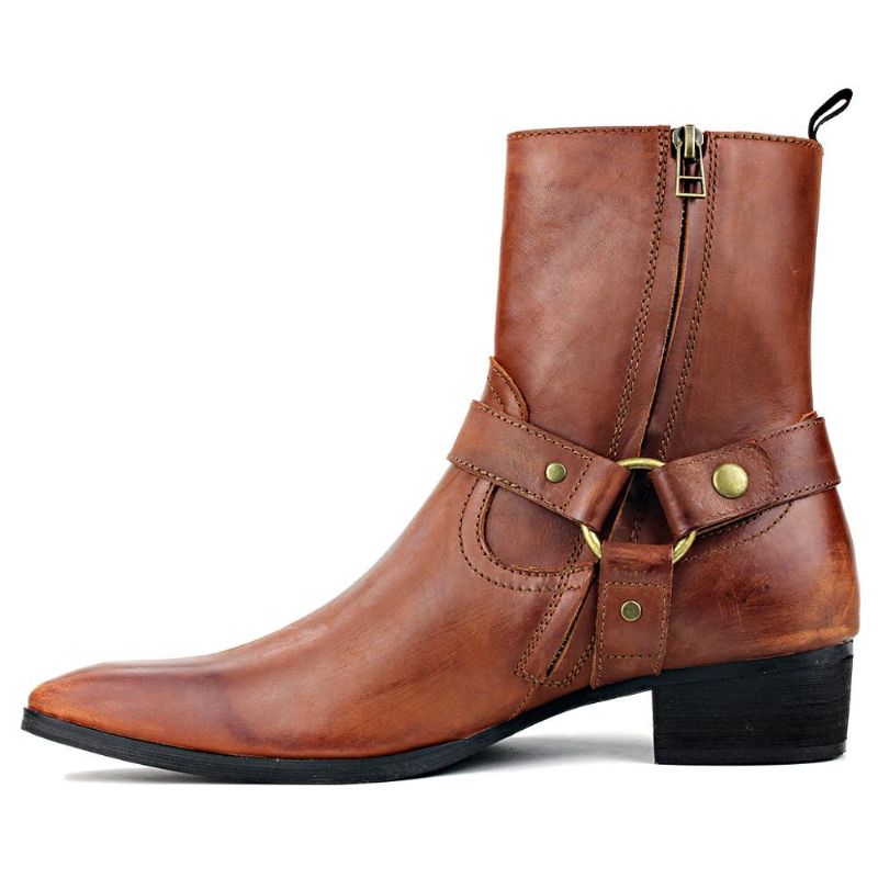 Herenlaarzen Echt Lederen Schoenen Enkel Rits-up Motorlaarzen Chelsea Boots Klassieke Kalfsleerschoenen Hoge Haklaarzen - Bruin