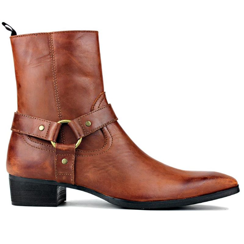 Herenlaarzen Echt Lederen Schoenen Enkel Rits-up Motorlaarzen Chelsea Boots Klassieke Kalfsleerschoenen Hoge Haklaarzen - Bruin