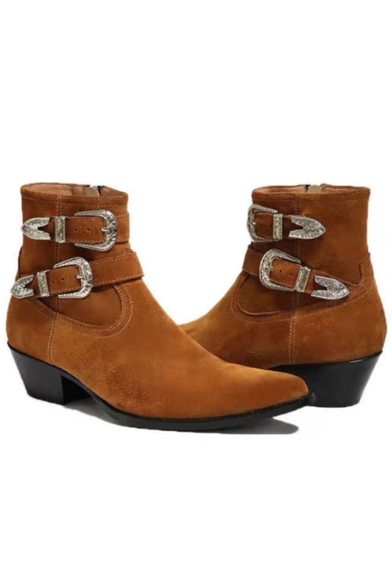 Metal Punk Dubbele Riem Wedge Luxe Heren Lederen Laarzen 5cm Hak Op Maat Gemaakte Handgemaakte Slim Fit Chelsea Boots