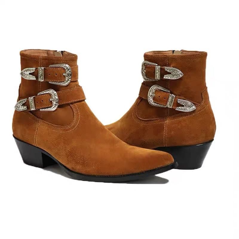 Metal Punk Dubbele Riem Wedge Luxe Heren Lederen Laarzen 5cm Hak Op Maat Gemaakte Handgemaakte Slim Fit Chelsea Boots - Leer
