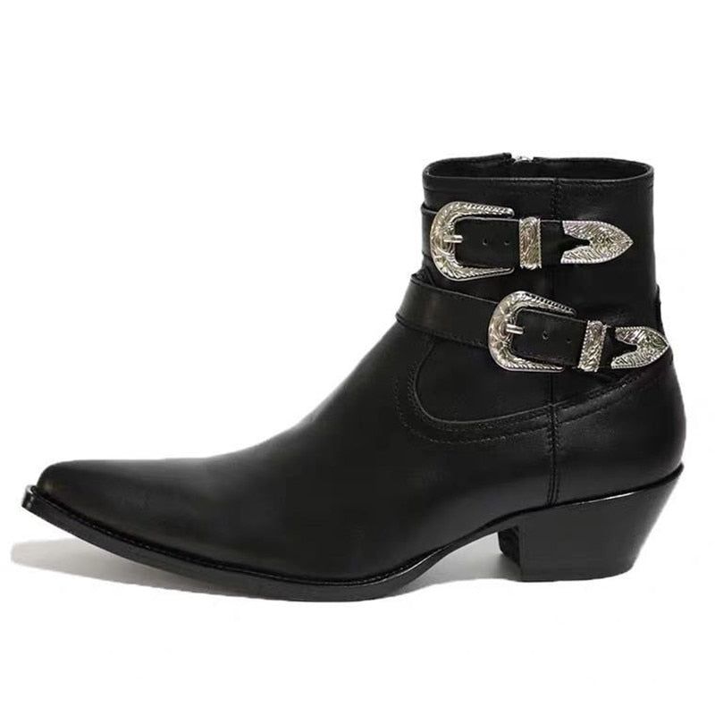 Metal Punk Dubbele Riem Wedge Luxe Heren Lederen Laarzen 5cm Hak Op Maat Gemaakte Handgemaakte Slim Fit Chelsea Boots - Leer