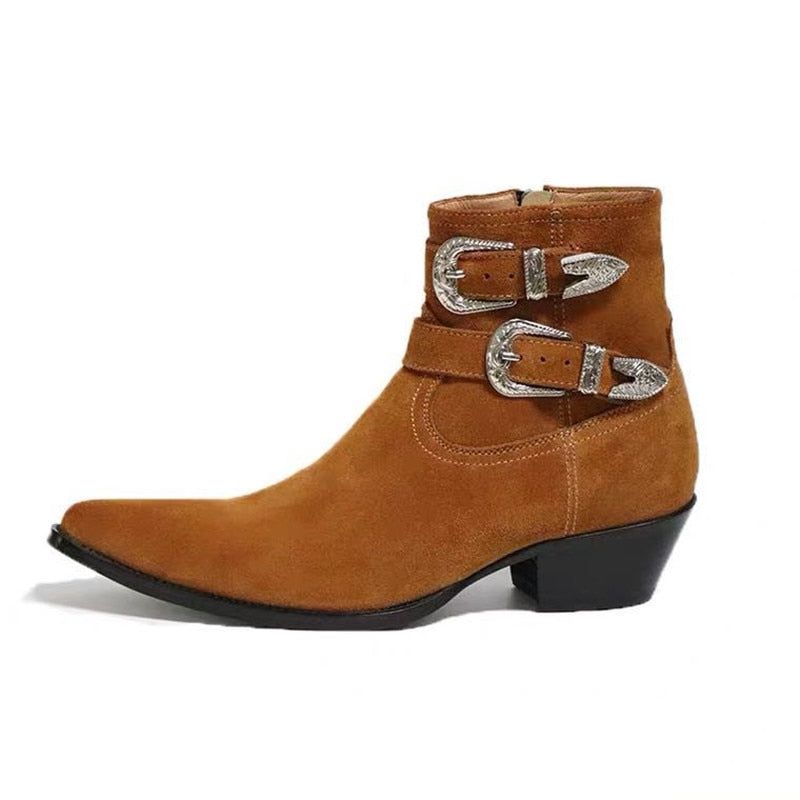 Metal Punk Dubbele Riem Wedge Luxe Heren Lederen Laarzen 5cm Hak Op Maat Gemaakte Handgemaakte Slim Fit Chelsea Boots - Leer