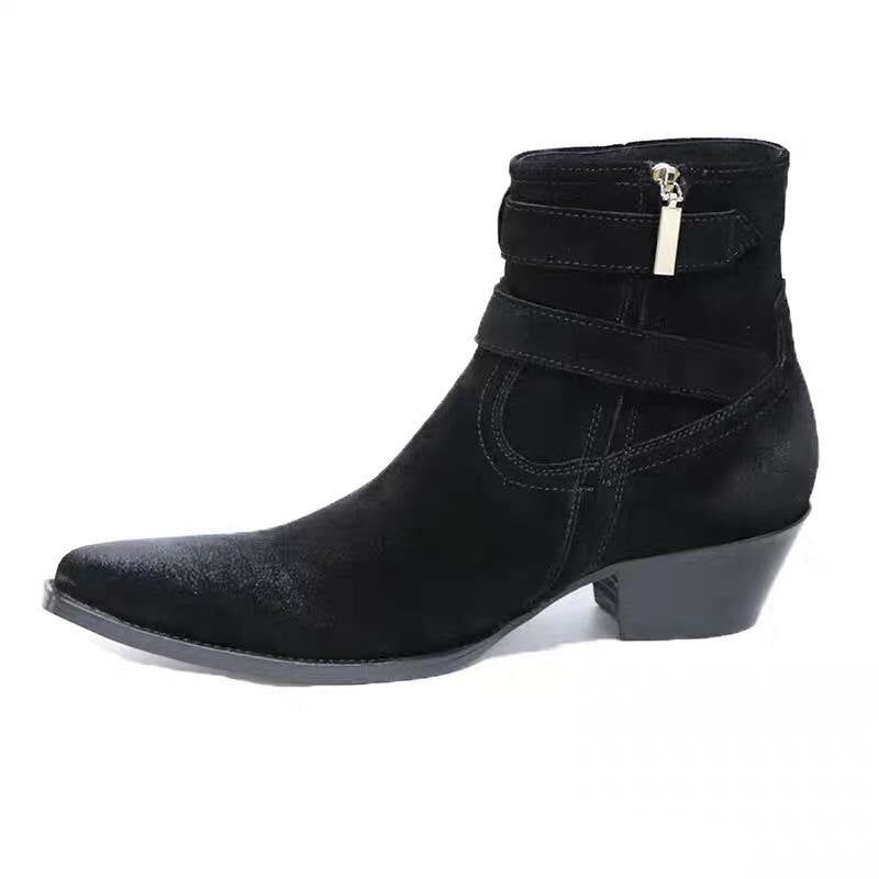 Metal Punk Dubbele Riem Wedge Luxe Heren Lederen Laarzen 5cm Hak Op Maat Gemaakte Handgemaakte Slim Fit Chelsea Boots - Leer