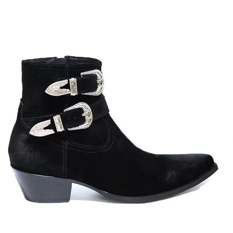 Metal Punk Dubbele Riem Wedge Luxe Heren Lederen Laarzen 5cm Hak Op Maat Gemaakte Handgemaakte Slim Fit Chelsea Boots - Leer