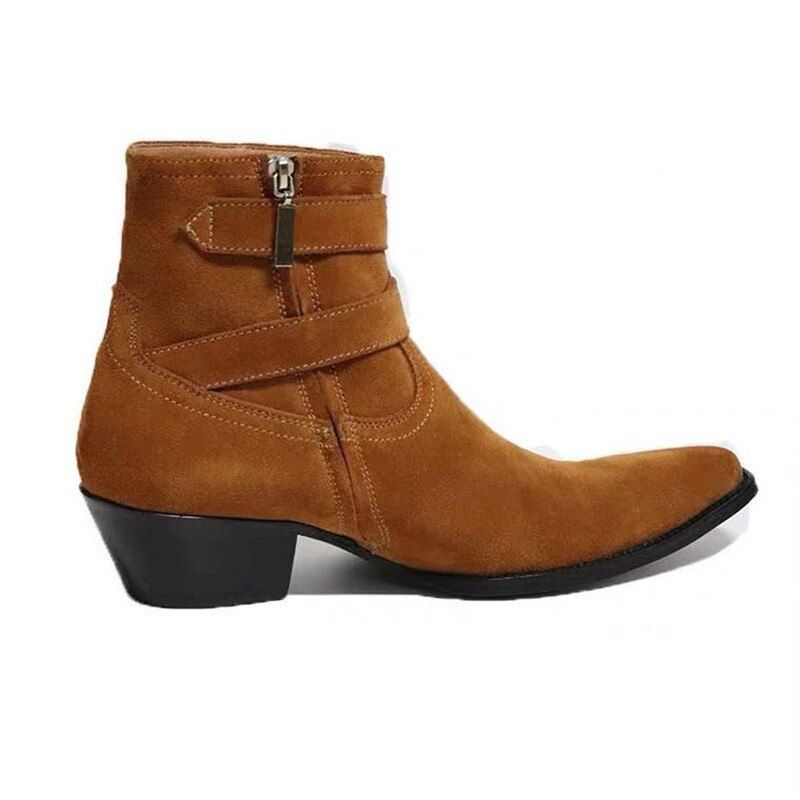 Metal Punk Dubbele Riem Wedge Luxe Heren Lederen Laarzen 5cm Hak Op Maat Gemaakte Handgemaakte Slim Fit Chelsea Boots - Leer
