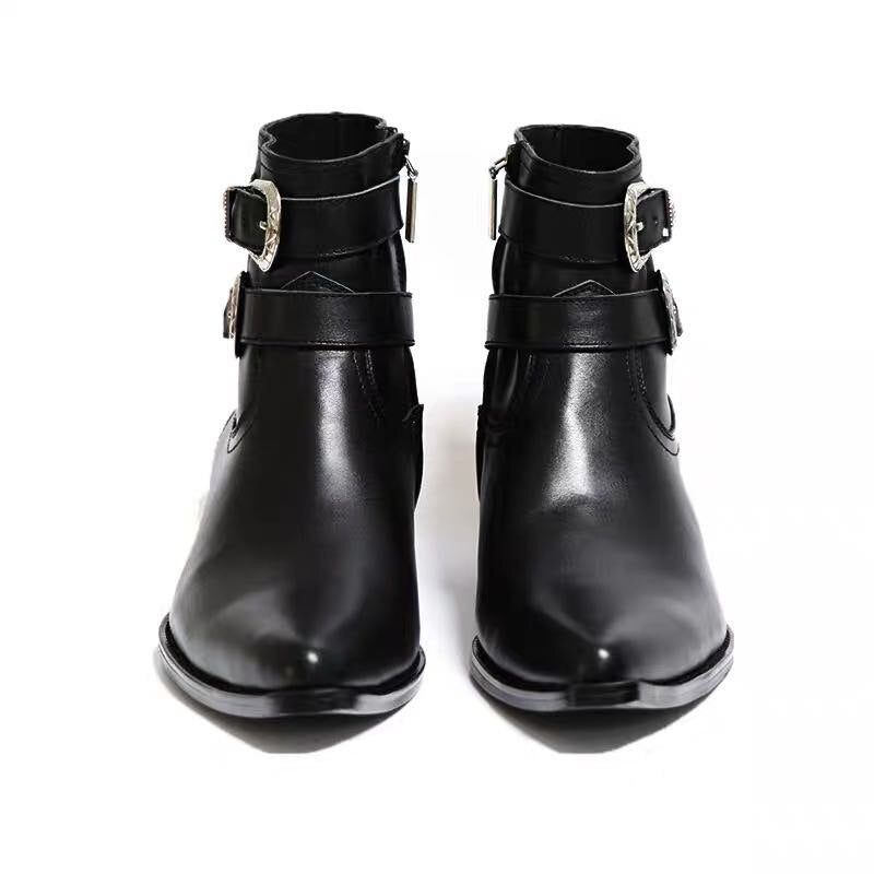 Metal Punk Dubbele Riem Wedge Luxe Heren Lederen Laarzen 5cm Hak Op Maat Gemaakte Handgemaakte Slim Fit Chelsea Boots - Leer