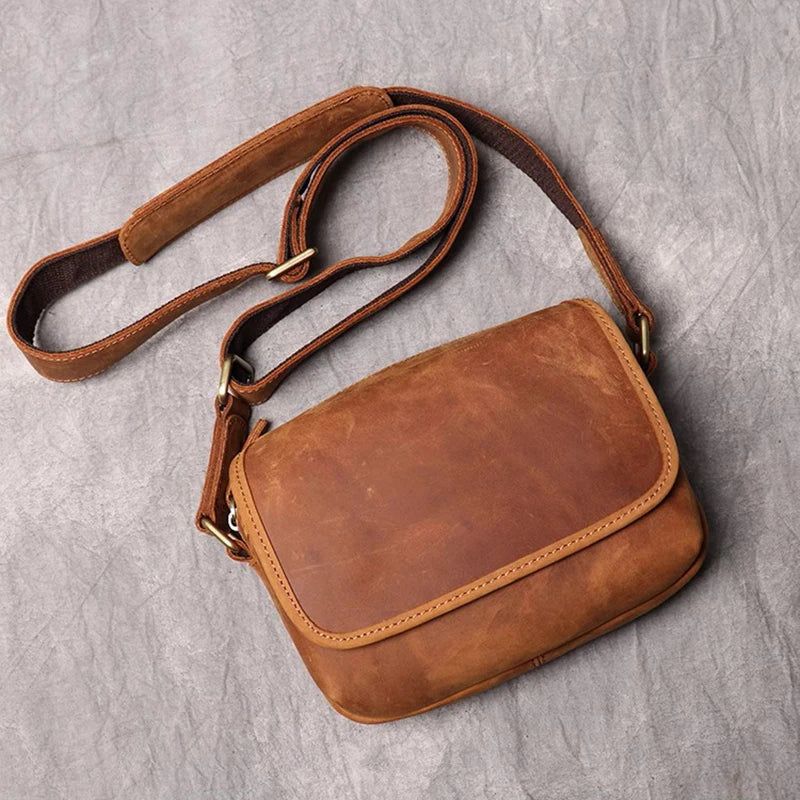 Leren Heren Schoudertas Vintage Flap Telefoontas Man Eenvoudige Tas Crazy Horse Leer Retro - Bruin