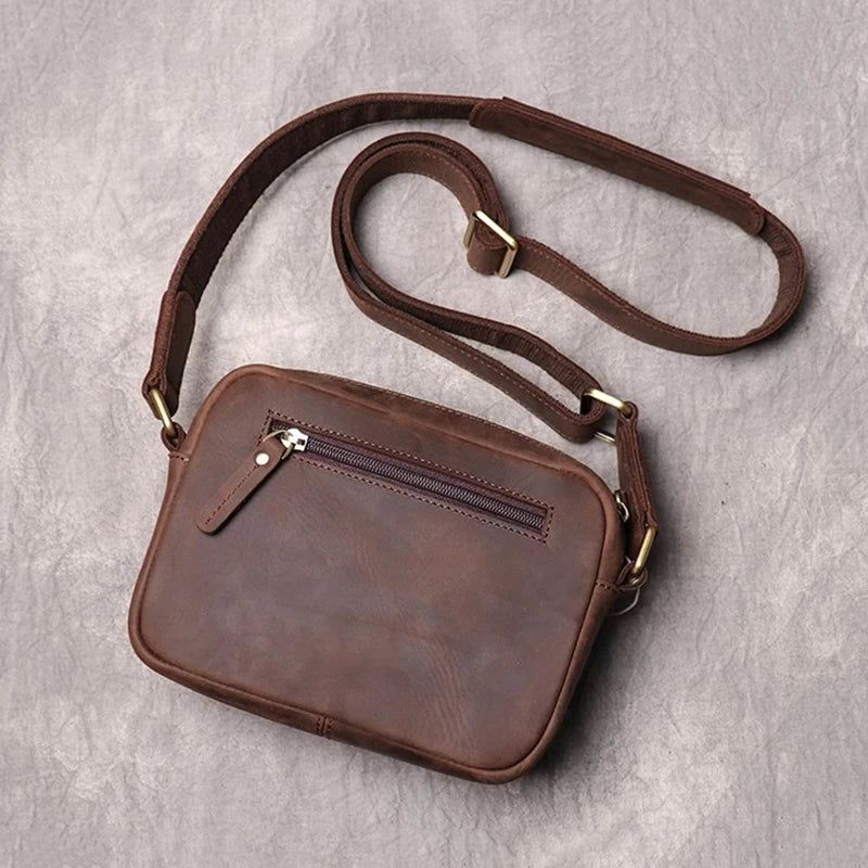Leren Heren Schoudertas Vintage Flap Telefoontas Man Eenvoudige Tas Crazy Horse Leer Retro - Bruin