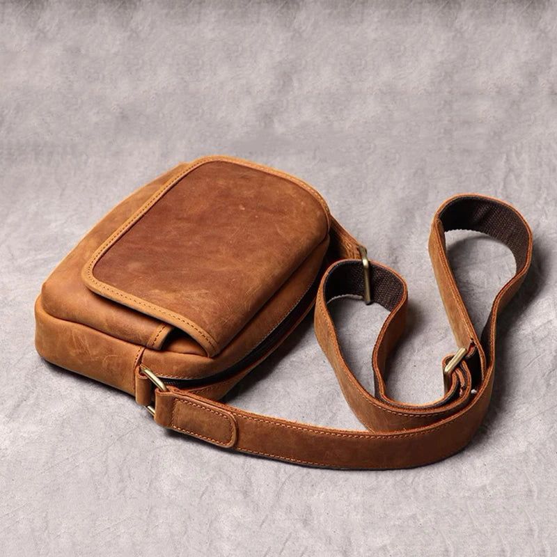 Leren Heren Schoudertas Vintage Flap Telefoontas Man Eenvoudige Tas Crazy Horse Leer Retro - Bruin