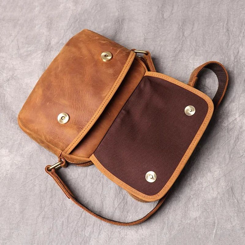 Leren Heren Schoudertas Vintage Flap Telefoontas Man Eenvoudige Tas Crazy Horse Leer Retro - Bruin