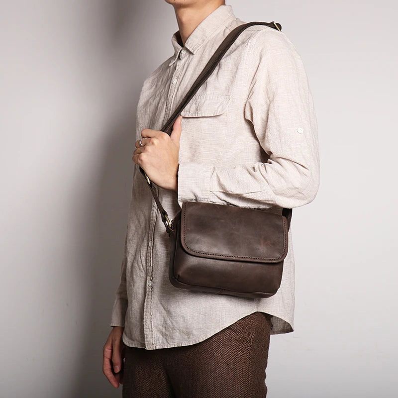 Leren Heren Schoudertas Vintage Flap Telefoontas Man Eenvoudige Tas Crazy Horse Leer Retro - Bruin