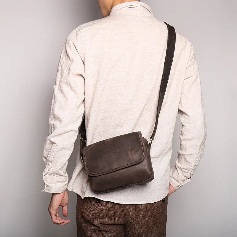 Leren Heren Schoudertas Vintage Flap Telefoontas Man Eenvoudige Tas Crazy Horse Leer Retro - Bruin
