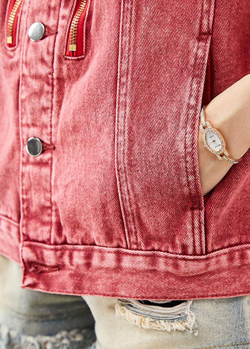 Art Brick Red Oversized Spijkerjassen Met Rits Herfst - Dames winterjassen