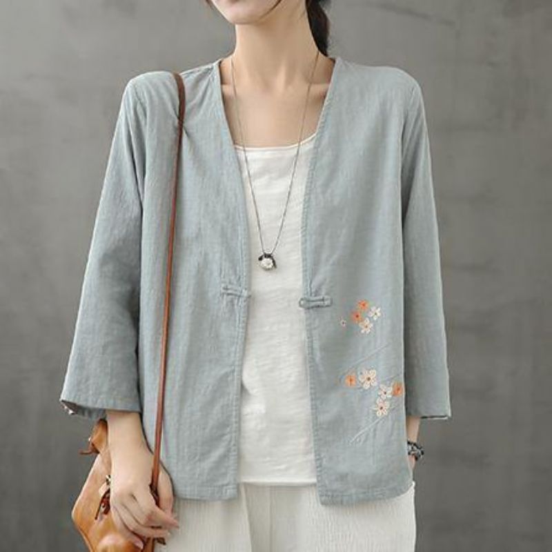 Biologische Lichtblauwe Shirts Met Chinese Knoopknieblouse Met V-hals - Lichtblauw