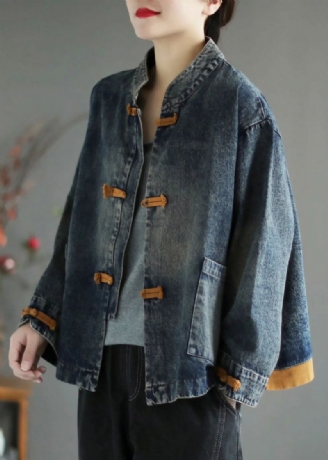 Blauwe Denim Jas Met Opstaande Kraag En Lange Mouwen