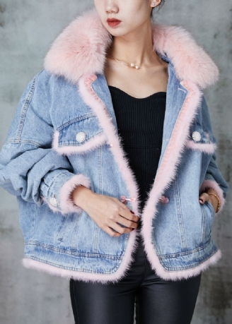 Boheemse Blauwe Wasbeerhaarkraag Patchwork Fijne Katoenen Gevulde Denim Jassen Winter