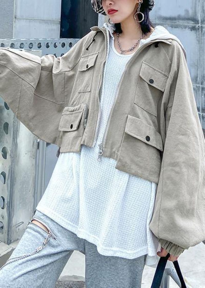 Boheemse Revers Fijne Jassen Met Ritssluiting Damesblouses Beige Art Uitloper - Beige