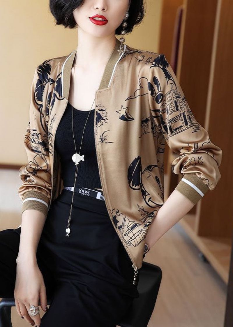 Boho Koffie Rits Patchwork Print Zijden Jassen Lente - Dames winterjassen