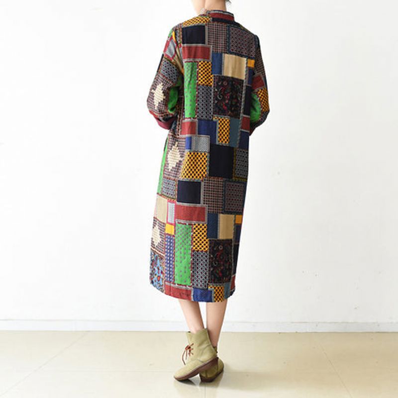 Boutique Veelkleurige Patchwork Jas Plus Maat Vesten Met O-hals Lange Jassen Met Vleermuismouwen - Dames winterjassen