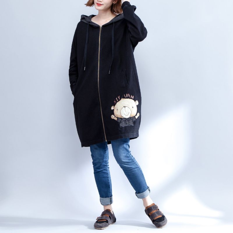 Cartoon Prints Zwarte Katoenen Trenchcoats Plus Size Casual Dikke Fit Vesten Uitloper - Dames winterjassen
