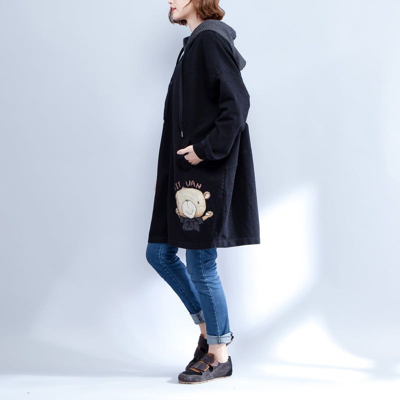Cartoon Prints Zwarte Katoenen Trenchcoats Plus Size Casual Dikke Fit Vesten Uitloper - Dames winterjassen