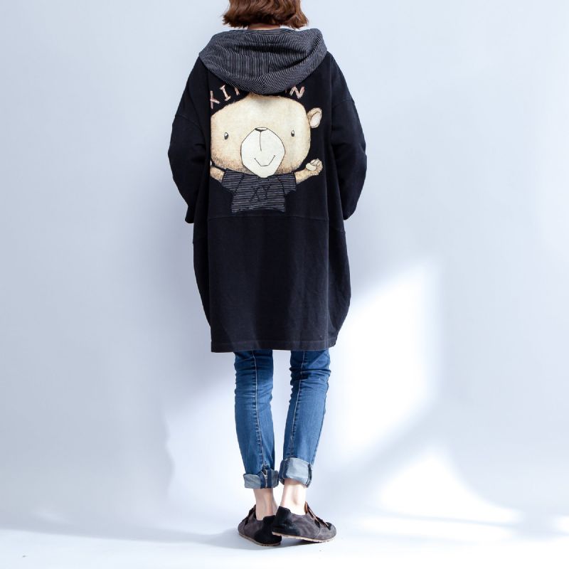 Cartoon Prints Zwarte Katoenen Trenchcoats Plus Size Casual Dikke Fit Vesten Uitloper - Dames winterjassen