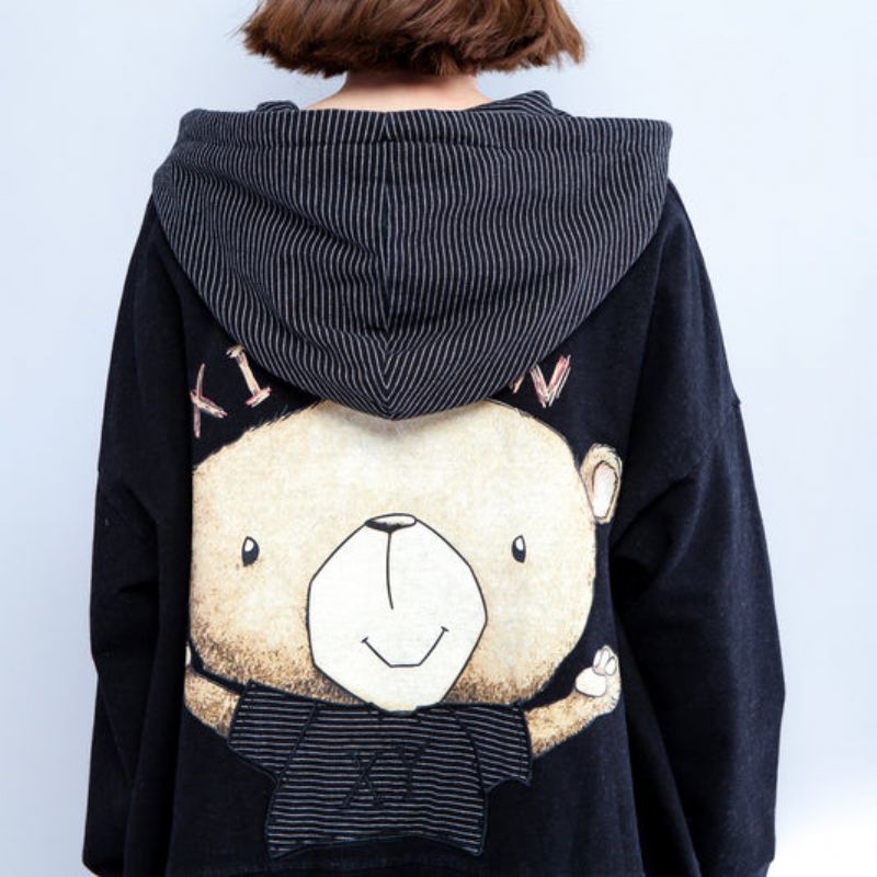 Cartoon Prints Zwarte Katoenen Trenchcoats Plus Size Casual Dikke Fit Vesten Uitloper - Dames winterjassen