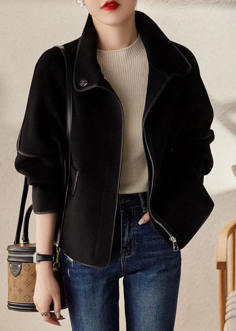 Casual Grijze Opstaande Kraag Met Ritssluiting En Patchwork Wollen Jassen Herfst - Dames winterjassen