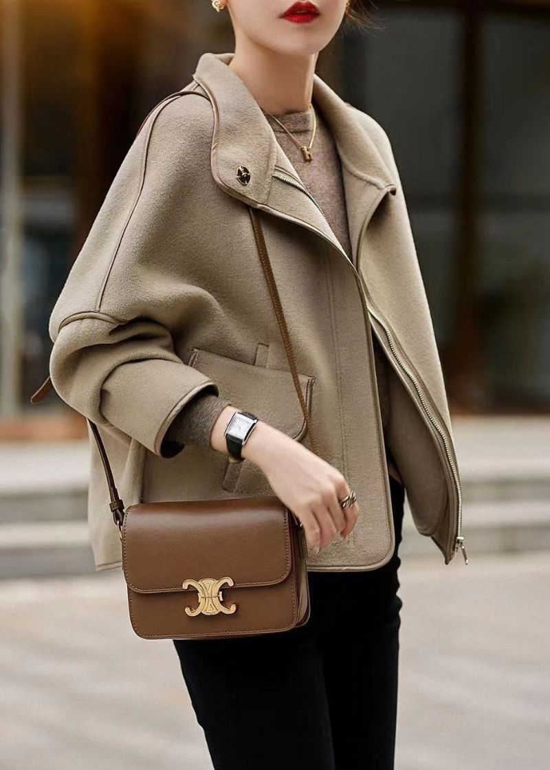 Casual Grijze Opstaande Kraag Met Ritssluiting En Patchwork Wollen Jassen Herfst - Dames winterjassen