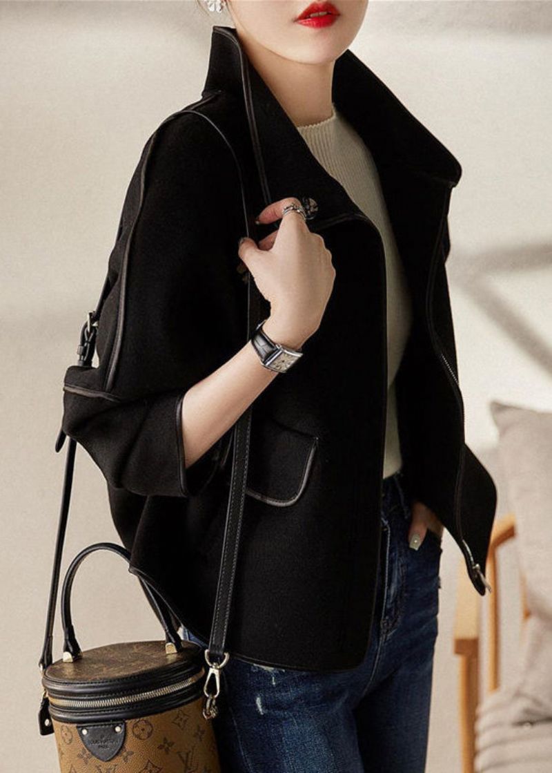 Casual Grijze Opstaande Kraag Met Ritssluiting En Patchwork Wollen Jassen Herfst - Dames winterjassen