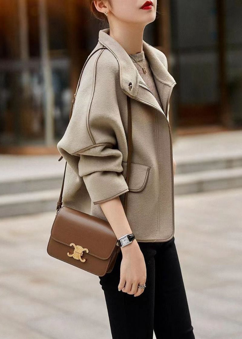Casual Grijze Opstaande Kraag Met Ritssluiting En Patchwork Wollen Jassen Herfst - Dames winterjassen