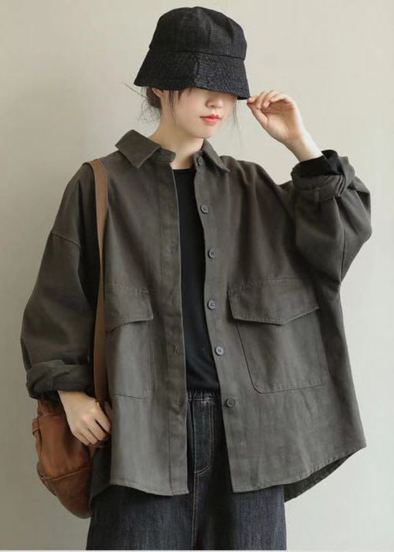 Casual Grijze Oversized Zakken Katoenen Jas Uitloper Herfst