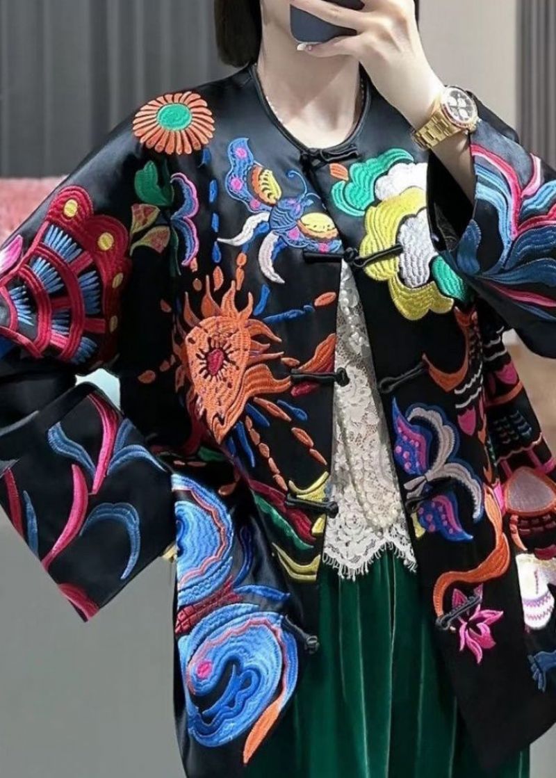 Chinese Stijl Zwart Geborduurde Knop Zijden Jassen Lente - Dames winterjassen