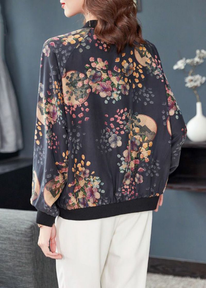 Chique Donkergrijze Zakken Met Rits En Print Patchwork Zijden Jassen Herfst - Dames winterjassen