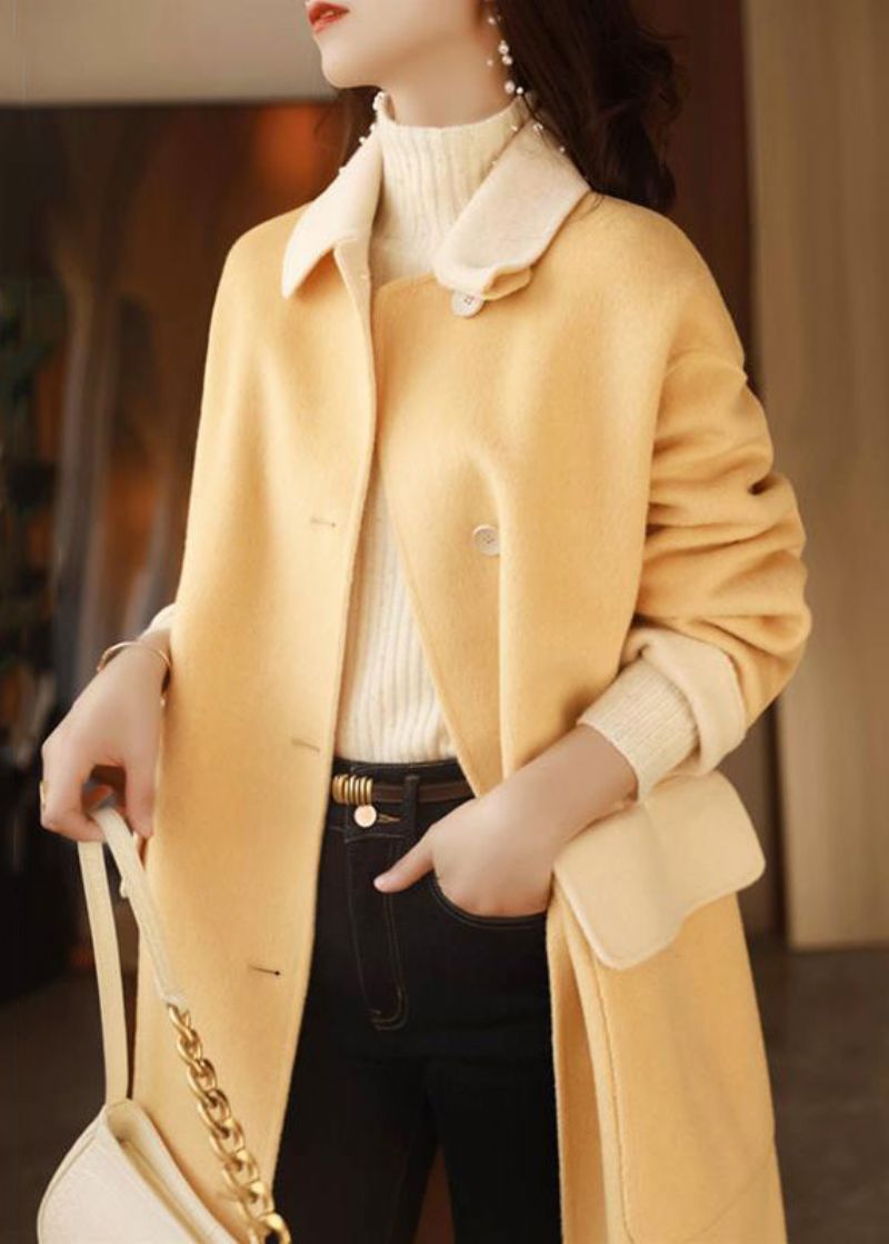 Chique Grijze Knoopzakken Patchwork Wollen Lange Jas Herfst - Dames winterjassen