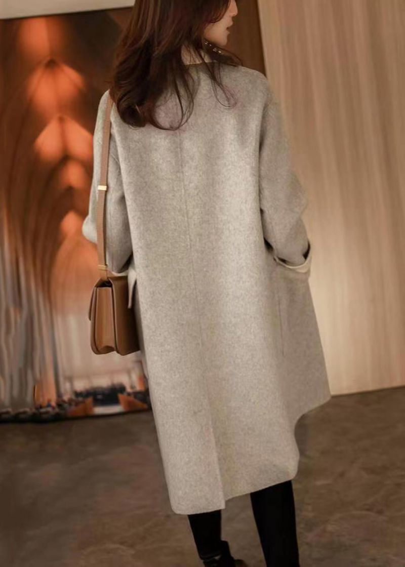 Chique Grijze Knoopzakken Patchwork Wollen Lange Jas Herfst - Dames winterjassen