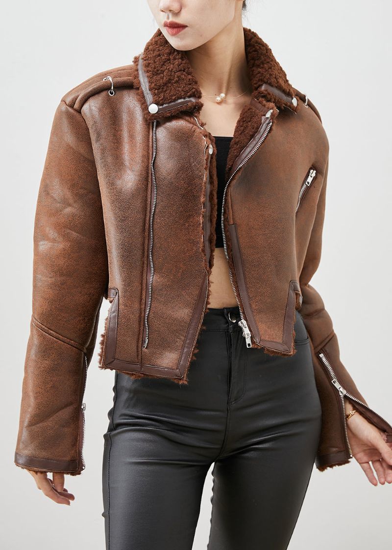 Dames Bruine Asymmetrische Nepbontjas Met Ritssluiting Uitloper Winter