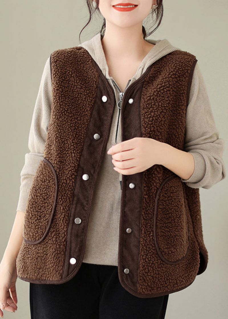 Dames Bruine Knoopzakken Teddy Nepbont Vest Zonder Mouwen