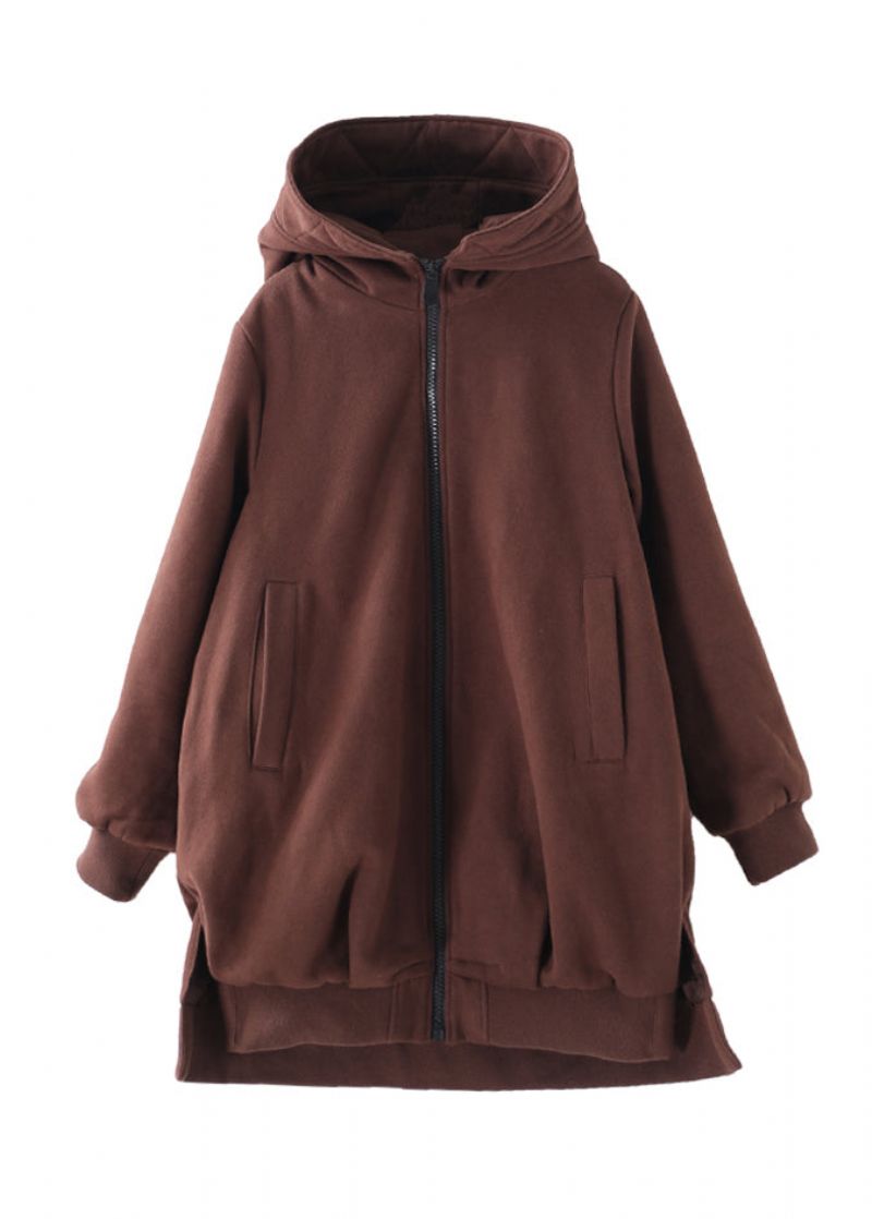 Dames Chocoladekleurige Laag-hoge Design Jassen Met Capuchon En Lange Mouwen - Koffie