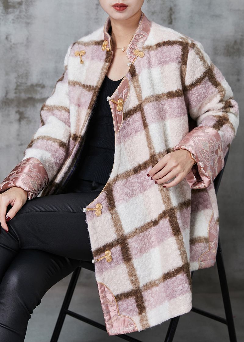 Dames Roze Geruite Fijne Katoengevulde Wollen Chinese Stijljassen Lente - Dames winterjassen