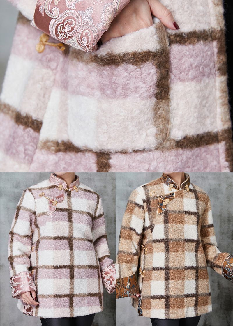 Dames Roze Geruite Fijne Katoengevulde Wollen Chinese Stijljassen Lente - Dames winterjassen