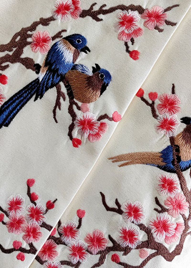 Dames Wit Geborduurd Patchwork Zijden Uitloper Met Lange Mouwen - Dames winterjassen