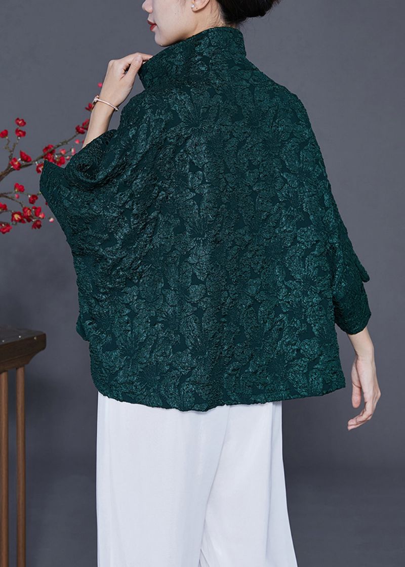 Dames Zwartachtig Groen Oversized Jacquard Katoenen Jas Armband Mouw - Dames winterjassen
