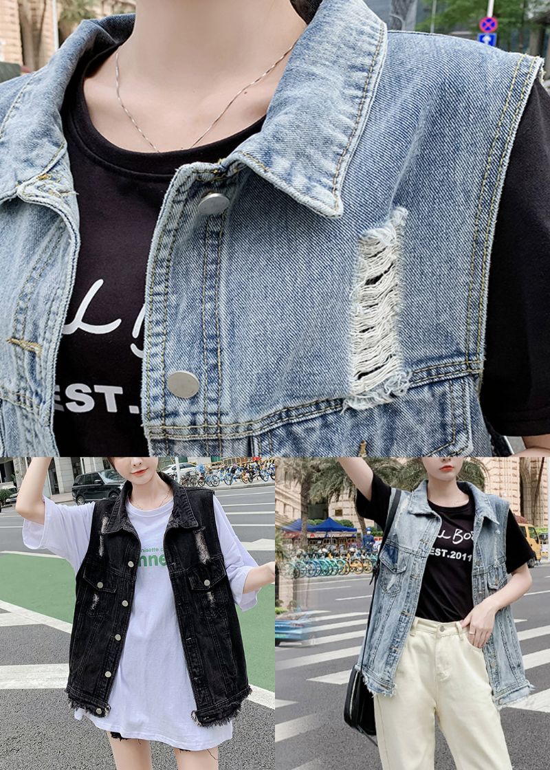Diy Lichtblauw Denim Gilet Met Peter Pan-kraag Mouwloos - Lichtblauw