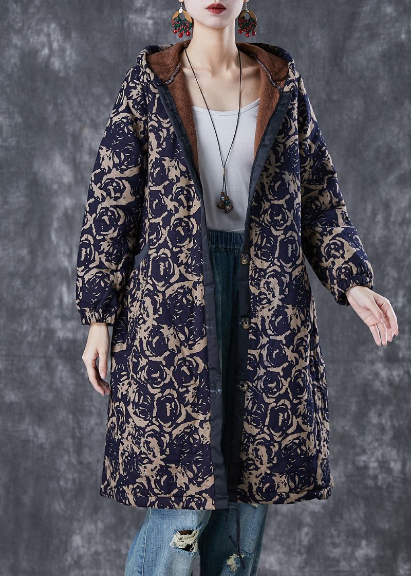 Diy Marineblauwe Capuchonprint Warme Fleecejassen Winter - Dames winterjassen