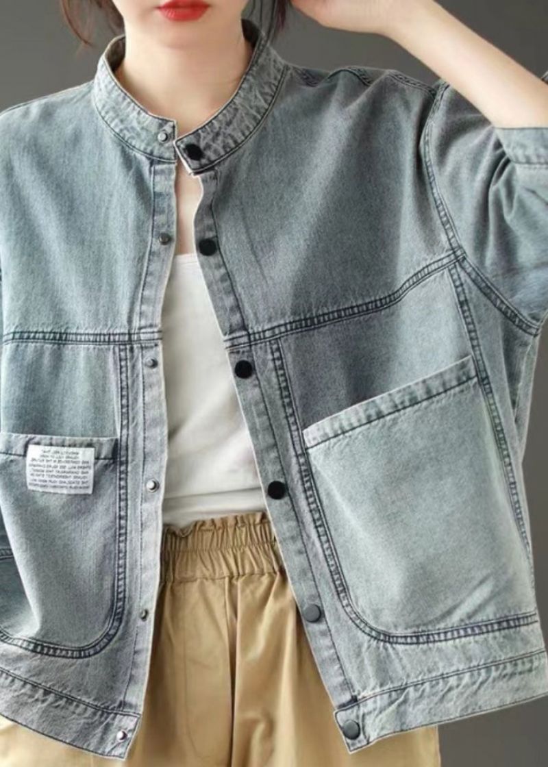 Eenvoudig Denimblauw Opstaand Kraagzakken Patchwork Knoopjack Lente - Dames winterjassen